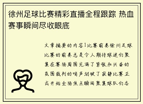 徐州足球比赛精彩直播全程跟踪 热血赛事瞬间尽收眼底